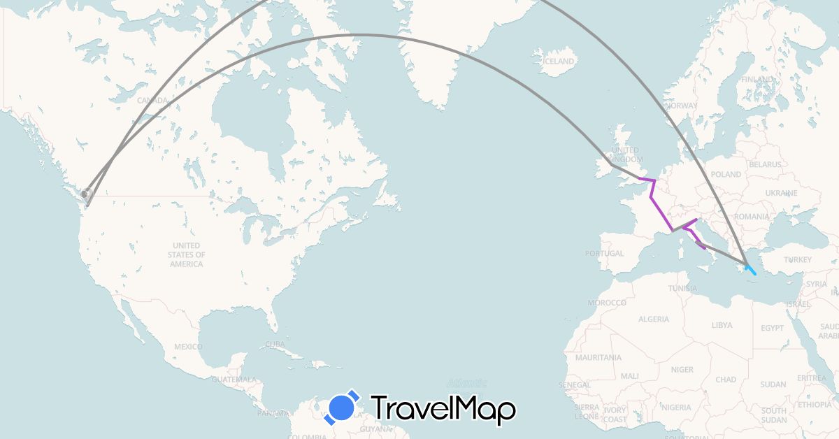 TravelMap itinerary: driving, plane, train, boat in Belgium, Canada, France, United Kingdom, Greece, Ireland, Italy, United States (Europe, North America)